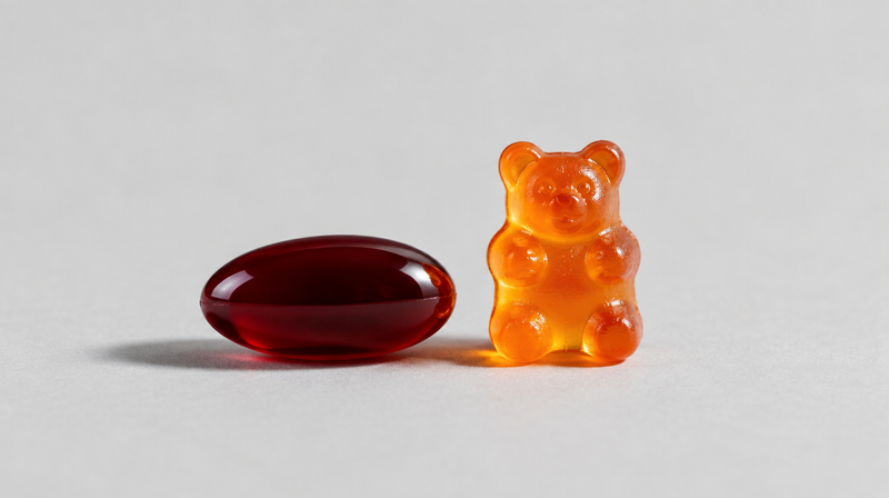 A dark red softgel beside an orange gummy bear on a grey surface