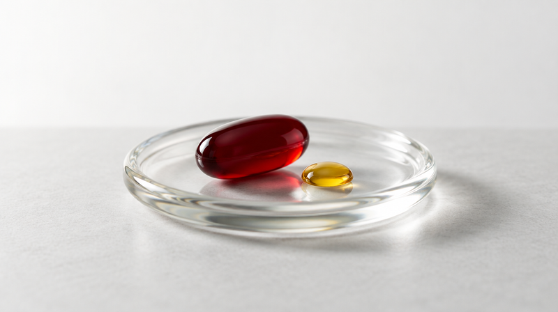 A single red softgel on a clear glass dish with one drop of oil