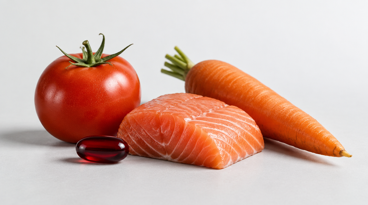 A whole red softgel beside a tomato, a piece of salmon and a carrot